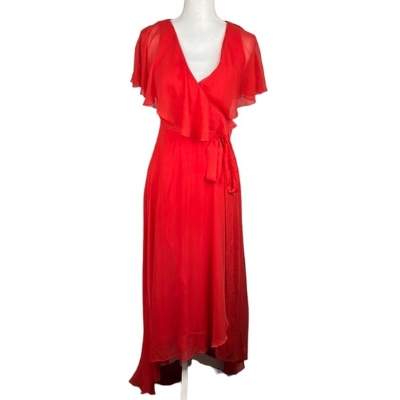 Asos Red Orange V-Neck Faux Wrap Flowy Maxi Dress Size 4 - Picture 1 of 10